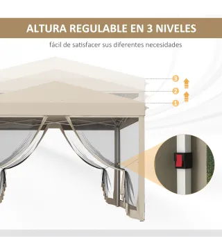 Cenador de Jardín 3x3 m con Mosquiteras Anti-UV Marco de Acero y Bolsa de Transporte para Patio Terraza Fiesta Beige