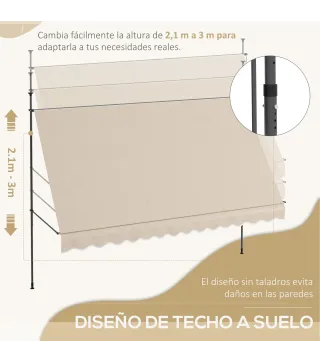 Toldo Manual Retráctil con Manivela 350x120x210-300 cm con Altura Ajustable Impermeable y Anti-UV Arena