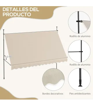 Toldo Manual Retráctil con Manivela 350x120x210-300 cm con Altura Ajustable Impermeable y Anti-UV Arena