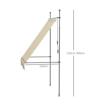 Toldo Manual Retráctil con Manivela 200x120x210-300 cm con Altura Ajustable Impermeable y Anti-UV Beige