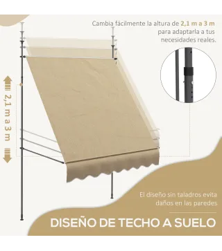 Toldo Manual Retráctil con Manivela 200x120x210-300 cm con Altura Ajustable Impermeable y Anti-UV Beige