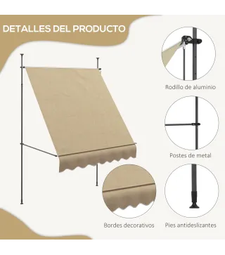 Toldo Manual Retráctil con Manivela 200x120x210-300 cm con Altura Ajustable Impermeable y Anti-UV Beige