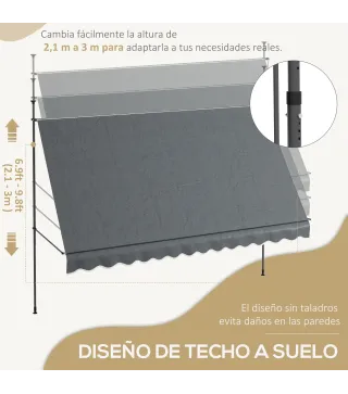 Toldo Manual Retráctil con Manivela 350x120x210-300 cm con Altura Ajustable Impermeable y Anti-UV Gris Oscuro