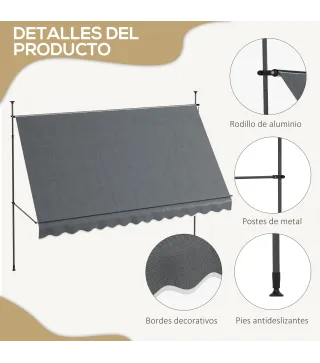 Toldo Manual Retráctil con Manivela 350x120x210-300 cm con Altura Ajustable Impermeable y Anti-UV Gris Oscuro