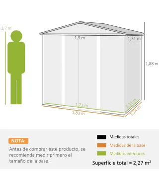 Caseta de Jardín Exterior 190x131x188 cm Cobertizo Metálico con 2 Ventilaciones y Puerta para Herramientas Gris