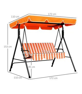 Balancín de Jardín Exterior Columpio de 3 Plazas con Toldo Ajustable y Marco de Acero 172x110x153 cm Naranja
