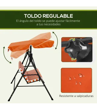 Balancín de Jardín Exterior Columpio de 3 Plazas con Toldo Ajustable y Marco de Acero 172x110x153 cm Naranja