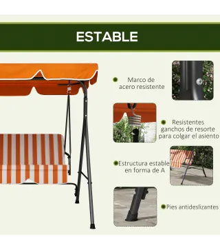 Balancín de Jardín Exterior Columpio de 3 Plazas con Toldo Ajustable y Marco de Acero 172x110x153 cm Naranja