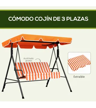 Balancín de Jardín Exterior Columpio de 3 Plazas con Toldo Ajustable y Marco de Acero 172x110x153 cm Naranja