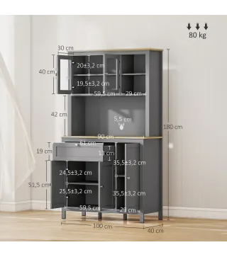 Alacena de Cocina Mueble Auxiliar de Cocina con 5 Puertas Estante Ajustable y Encimera de Microondas 100x40x180cm Gris