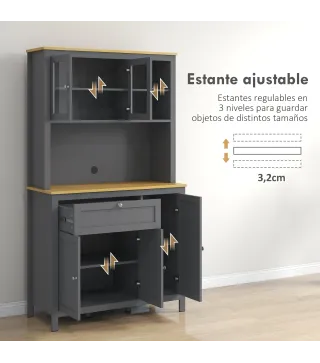 Alacena de Cocina Mueble Auxiliar de Cocina con 5 Puertas Estante Ajustable y Encimera de Microondas 100x40x180cm Gris