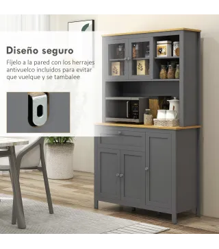 Alacena de Cocina Mueble Auxiliar de Cocina con 5 Puertas Estante Ajustable y Encimera de Microondas 100x40x180cm Gris