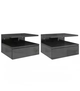 2 Mesitas de Noche Flotantes con 1 Cajón y Estante Abierto Diseño Moderno 35x32x22,5 cm Negro Brillo