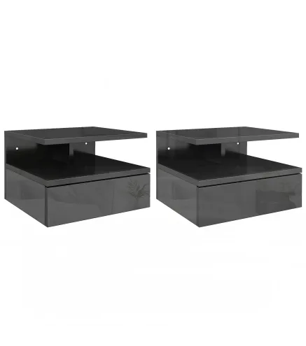 2 Mesitas de Noche Flotantes con 1 Cajón y Estante Abierto Diseño Moderno 35x32x22,5 cm Negro Brillo