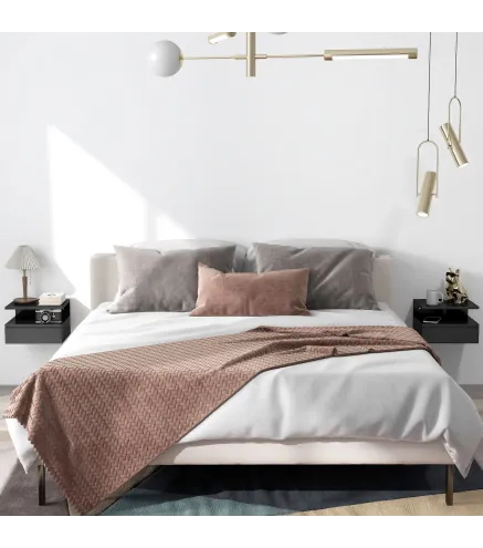 2 Mesitas de Noche Flotantes con 1 Cajón y Estante Abierto Diseño Moderno 35x32x22,5 cm Negro Brillo