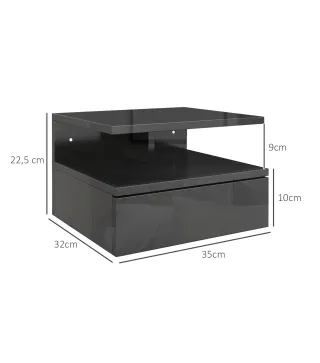 2 Mesitas de Noche Flotantes con 1 Cajón y Estante Abierto Diseño Moderno 35x32x22,5 cm Negro Brillo