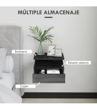 2 Mesitas de Noche Flotantes con 1 Cajón y Estante Abierto Diseño Moderno 35x32x22,5 cm Negro Brillo