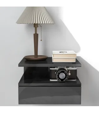 2 Mesitas de Noche Flotantes con 1 Cajón y Estante Abierto Diseño Moderno 35x32x22,5 cm Negro Brillo