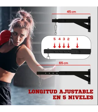 Soporte Saco Boxeo de Pared con Distancia Ajustable Gancho Giratorio Cadenas 45-65 cm Negro