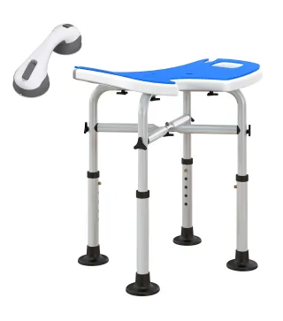 Silla de Ducha Antideslizante con Barra de Agarre con Ventosas Altura Regulable y Asiento en Forma de U Azul