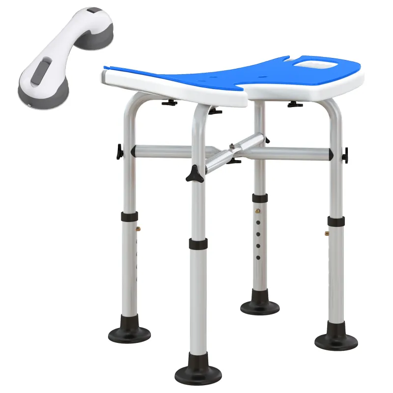 Silla de Ducha Antideslizante con Barra de Agarre con Ventosas Altura Regulable y Asiento en Forma de U Azul