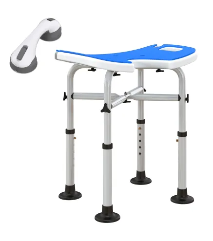 Silla de Ducha Antideslizante con Barra de Agarre con Ventosas Altura Regulable y Asiento en Forma de U Azul