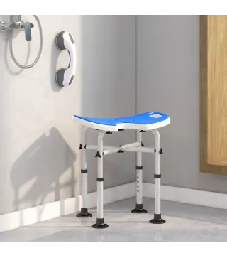 Silla de Ducha Antideslizante con Barra de Agarre con Ventosas Altura Regulable y Asiento en Forma de U Azul