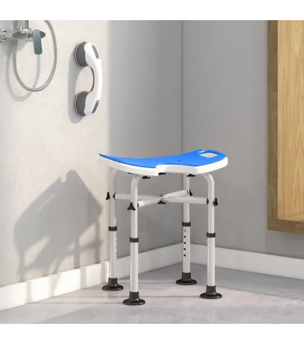 Silla de Ducha Antideslizante con Barra de Agarre con Ventosas Altura Regulable y Asiento en Forma de U Azul