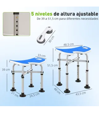 Silla de Ducha Antideslizante con Barra de Agarre con Ventosas Altura Regulable y Asiento en Forma de U Azul