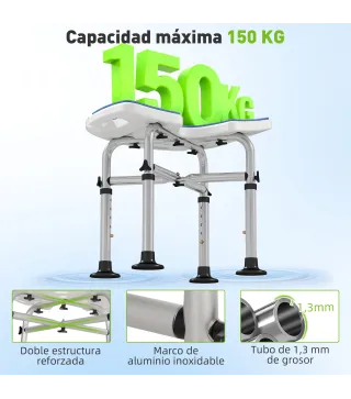 Silla de Ducha Antideslizante con Barra de Agarre con Ventosas Altura Regulable y Asiento en Forma de U Azul