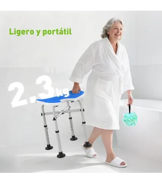 Silla de Ducha Antideslizante con Barra de Agarre con Ventosas Altura Regulable y Asiento en Forma de U Azul
