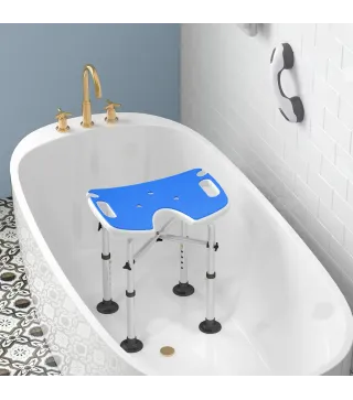 Silla de Ducha Antideslizante con Barra de Agarre con Ventosas Altura Regulable y Asiento en Forma de U Azul
