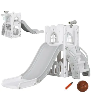 Tobogan Infantil 5 en 1 con Canasta de Baloncesto Telescopio Escalador y Cesta Inferior para Interior Blanco y Gris
