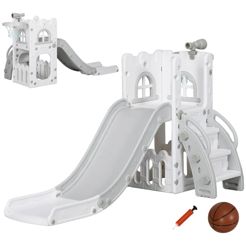 Tobogán Infantil 5 en 1 con Canasta de Baloncesto Telescopio Escalador y Cesta Inferior para Interior Blanco y Gris Tobogán Infantil 5 en 1 con Canasta de Baloncesto Telescopio Escalador y Cesta Inferior para Interior Blanco y Gris
