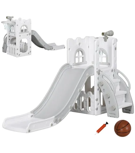 Tobogan Infantil 5 en 1 con Canasta de Baloncesto Telescopio Escalador y Cesta Inferior para Interior Blanco y Gris