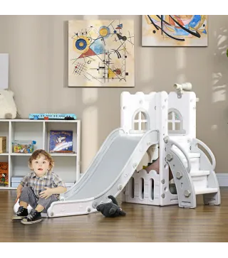 Tobogan Infantil 5 en 1 con Canasta de Baloncesto Telescopio Escalador y Cesta Inferior para Interior Blanco y Gris