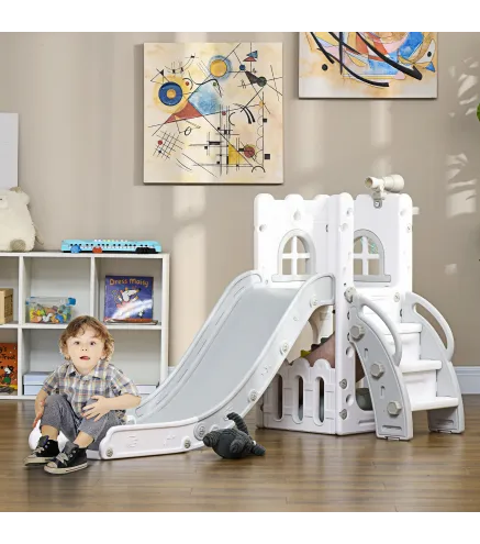 Tobogan Infantil 5 en 1 con Canasta de Baloncesto Telescopio Escalador y Cesta Inferior para Interior Blanco y Gris