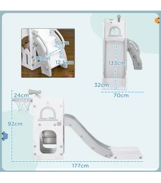 Tobogán Infantil 5 en 1 con Canasta de Baloncesto Telescopio Escalador y Cesta Inferior para Interior Blanco y Gris