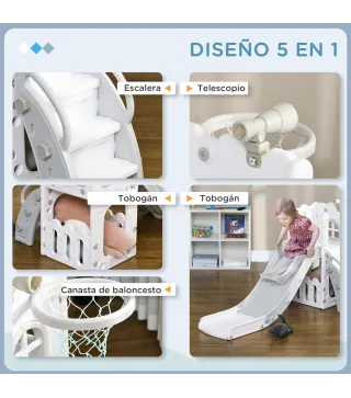 Tobogán Infantil 5 en 1 con Canasta de Baloncesto Telescopio Escalador y Cesta Inferior para Interior Blanco y Gris