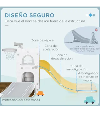 Tobogán Infantil 5 en 1 con Canasta de Baloncesto Telescopio Escalador y Cesta Inferior para Interior Blanco y Gris