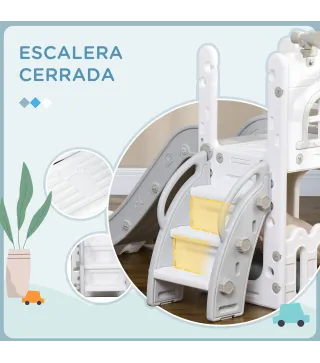 Tobogán Infantil 5 en 1 con Canasta de Baloncesto Telescopio Escalador y Cesta Inferior para Interior Blanco y Gris