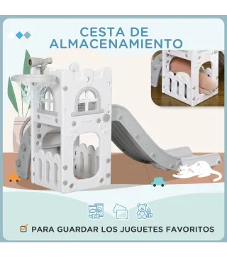 Tobogán Infantil 5 en 1 con Canasta de Baloncesto Telescopio Escalador y Cesta Inferior para Interior Blanco y Gris