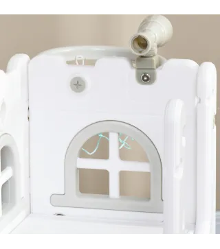 Tobogán Infantil 5 en 1 con Canasta de Baloncesto Telescopio Escalador y Cesta Inferior para Interior Blanco y Gris