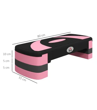 Step de Aeróbic para Fitness Antideslizante con Altura Regulable 3 Niveles de 10/15/20 cm Carga 150 kg 80x31x20 cm Rosa
