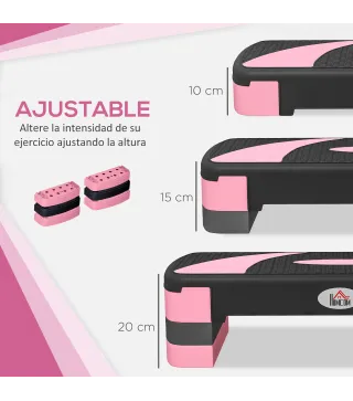 Step de Aeróbic para Fitness Antideslizante con Altura Regulable 3 Niveles de 10/15/20 cm Carga 150 kg 80x31x20 cm Rosa