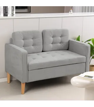Sofá de 2 Plazas con Espacio de Almacenamiento Patas de Madera Respaldo Capitoné 117x62x78 cm Gris Claro