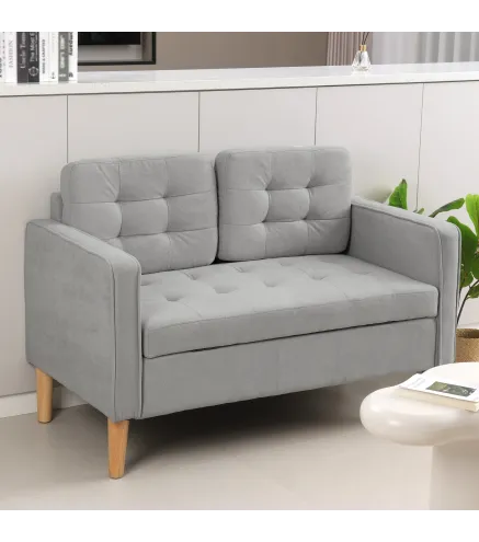 Sofá de 2 Plazas con Espacio de Almacenamiento Patas de Madera Respaldo Capitoné 117x62x78 cm Gris Claro