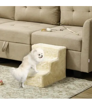 Escalera para Perros de 3 Peldaños con Funda Extraíble y Lavable Rampa para Perros para Cama Sofá 46x35x35 cm Beige