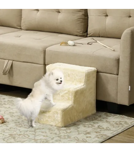 Escalera para Perros de 3 Peldaños con Funda Extraíble y Lavable Rampa para Perros para Cama Sofá 46x35x35 cm Beige