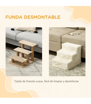 Escalera para Perros de 3 Peldaños con Funda Extraíble y Lavable Rampa para Perros para Cama Sofá 46x35x35 cm Beige
